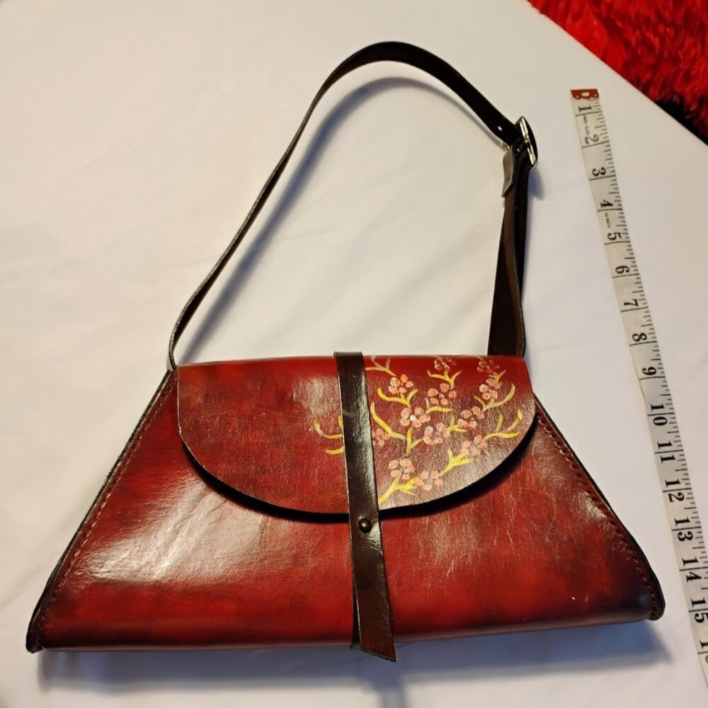 Vintage Style Hand Painted Leather Shoulder Bag Floral Brown Purse - Picture 2 of 7